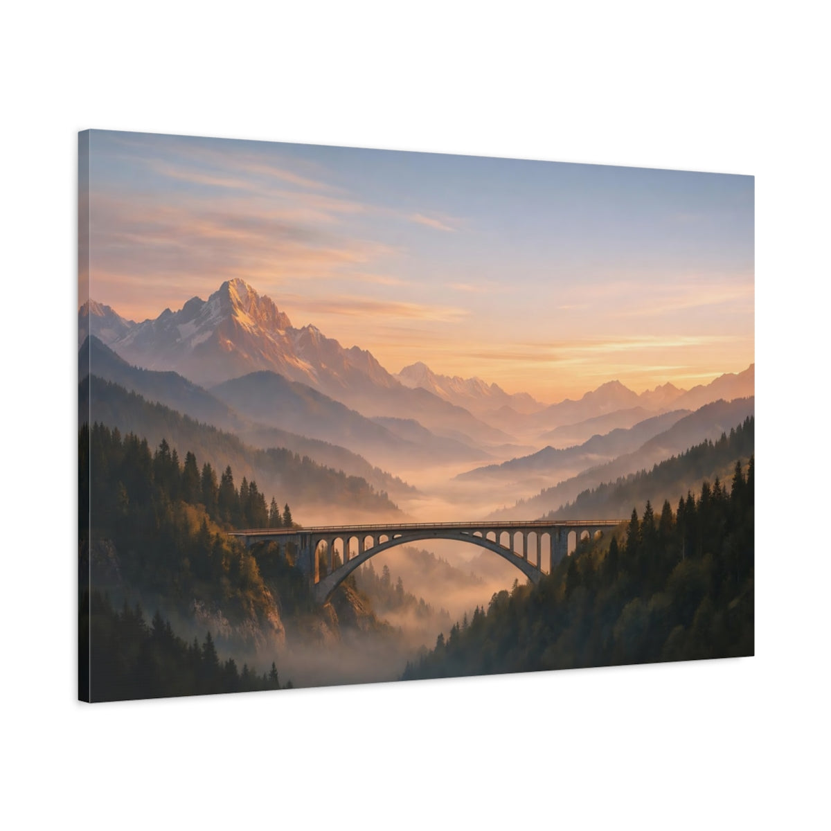 Main Mockup. Nature Mountain Bridge Orange And Green shown as stretched canvas wall art