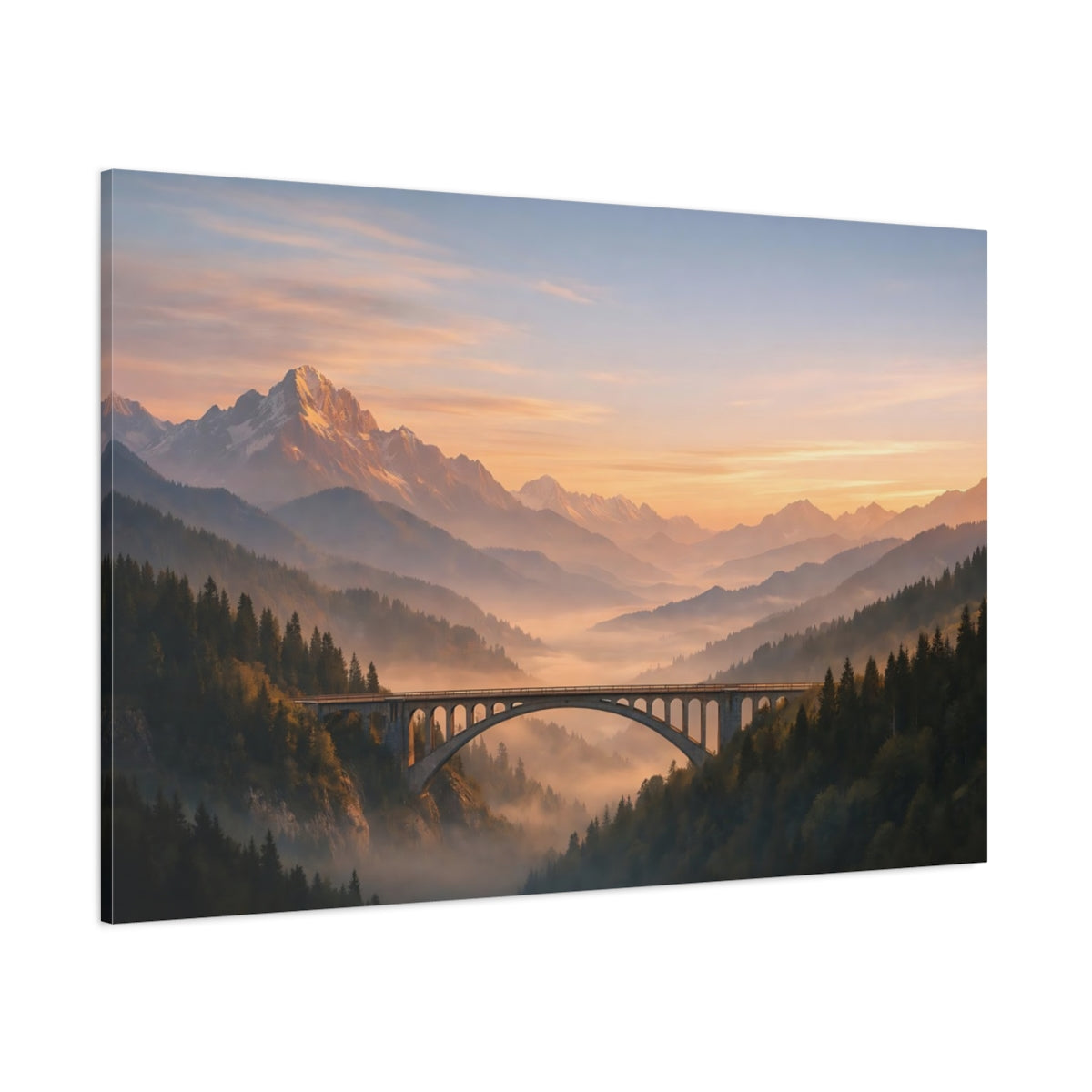 Side Mockup 1. Nature Mountain Bridge Orange And Green shown as stretched canvas wall art