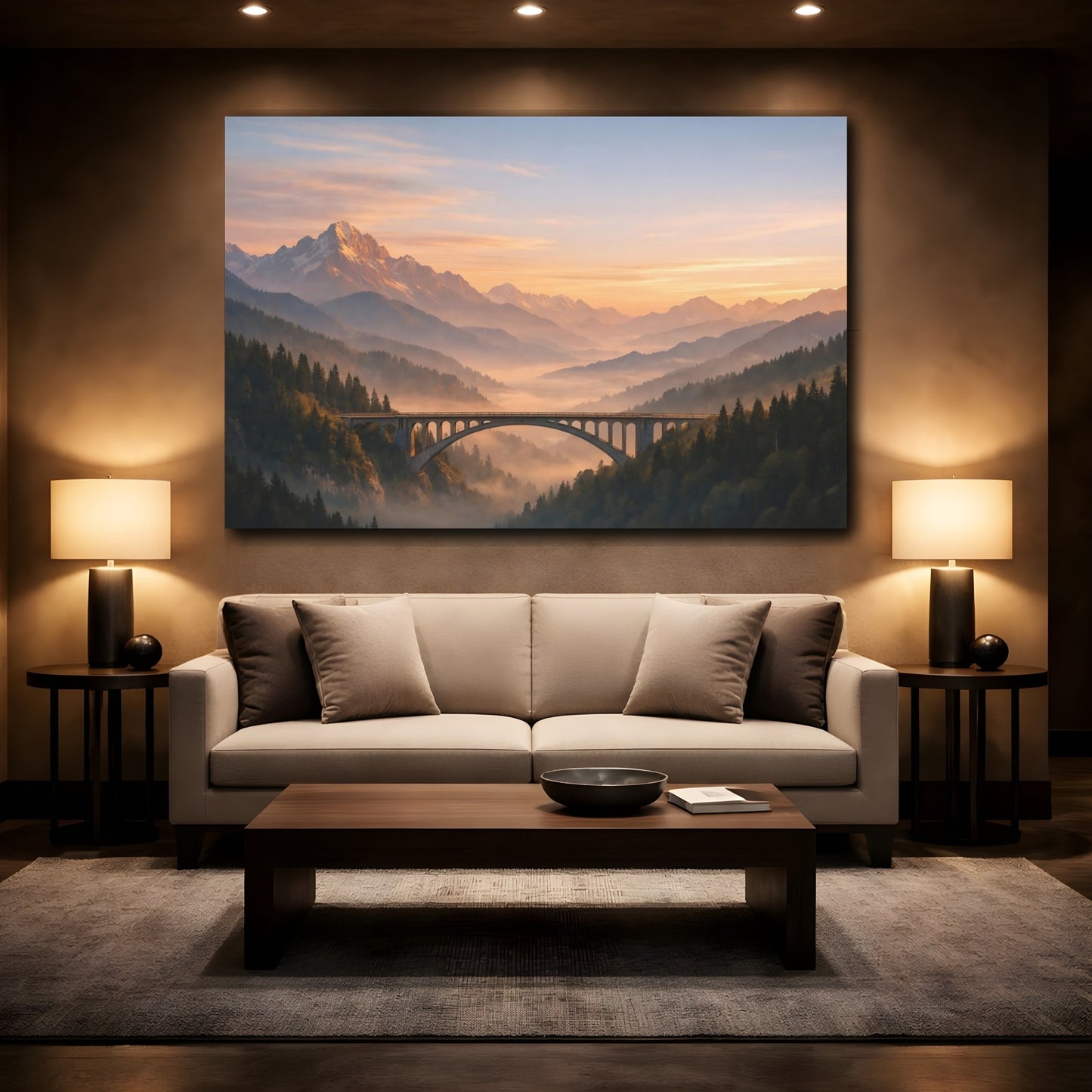 Mockup 2. Nature Mountain Bridge Orange And Green shown as stretched canvas wall art