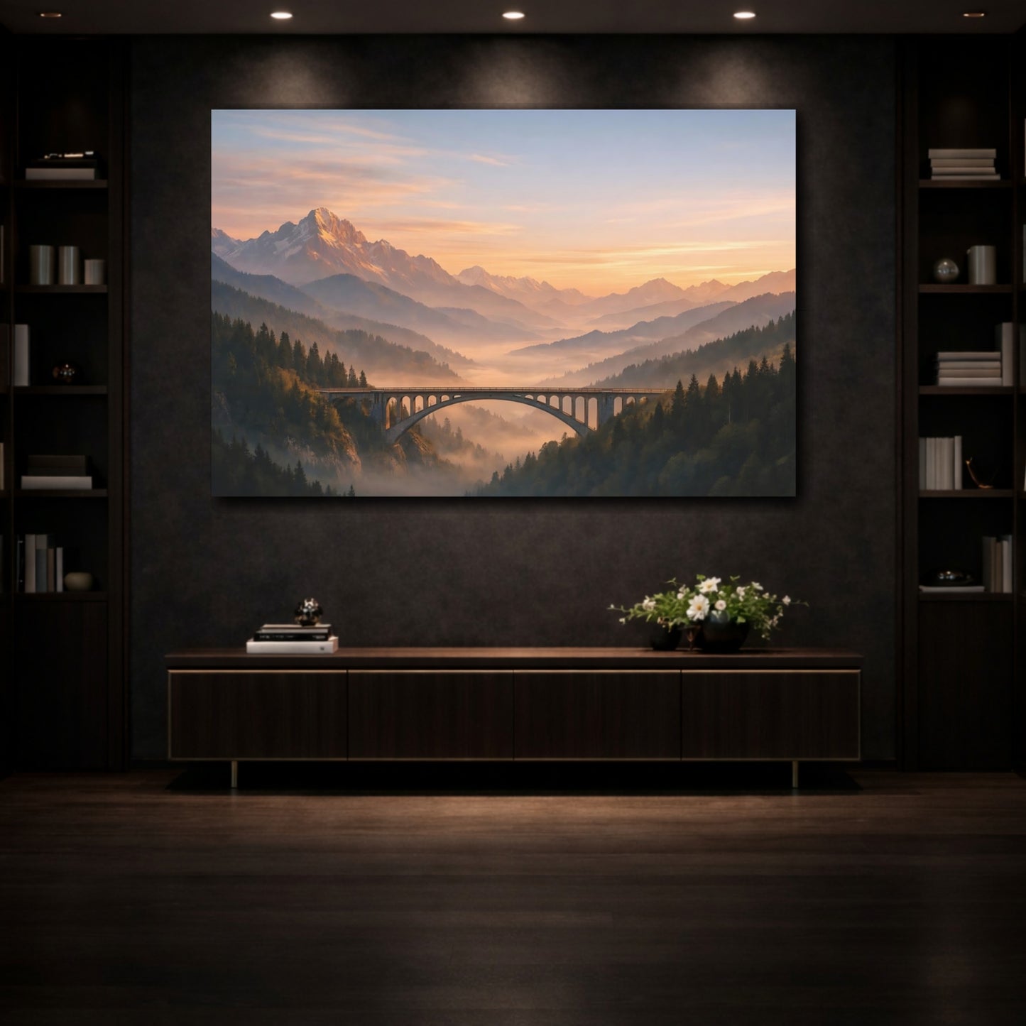 Mockup 3. Nature Mountain Bridge Orange And Green shown as stretched canvas wall art