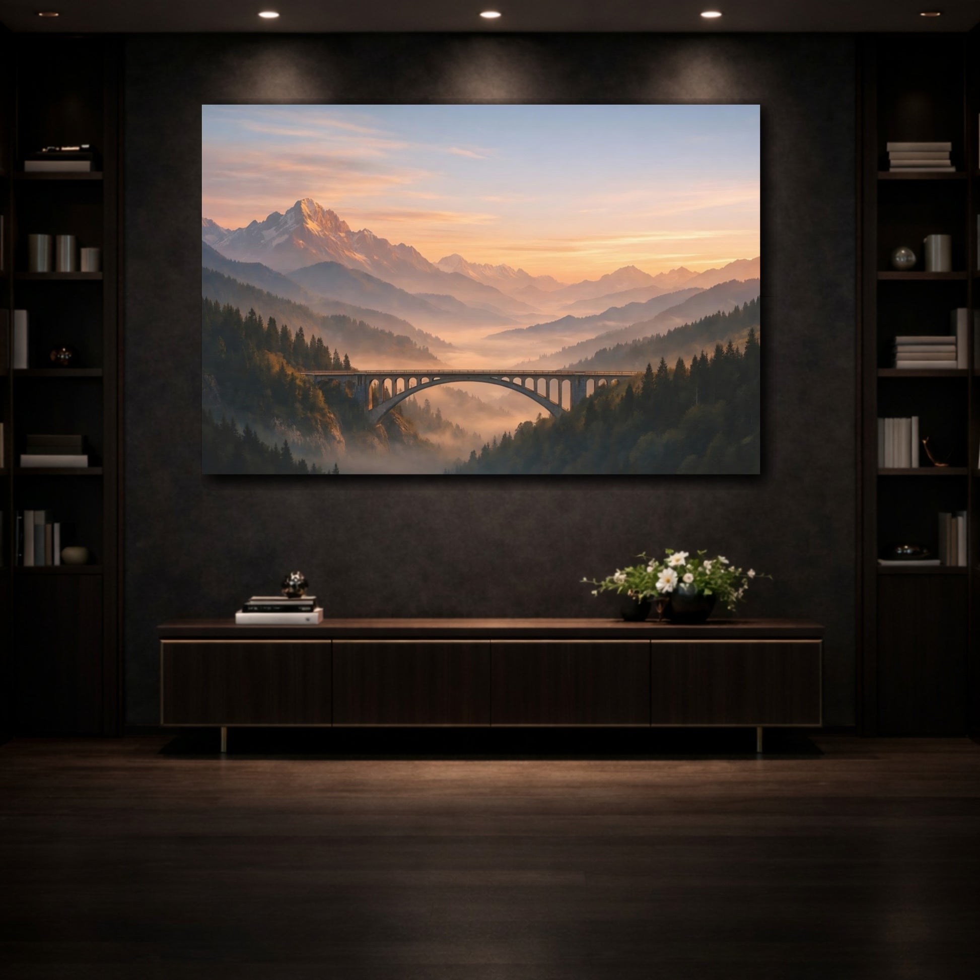 Mockup 3. Nature Mountain Bridge Orange And Green shown as stretched canvas wall art