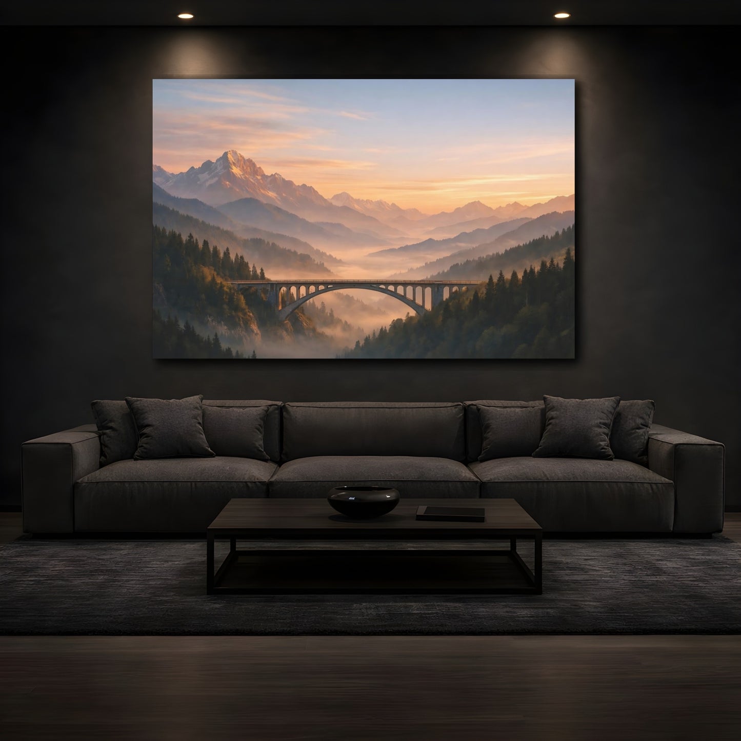 Mockup 4. Nature Mountain Bridge Orange And Green shown as stretched canvas wall art