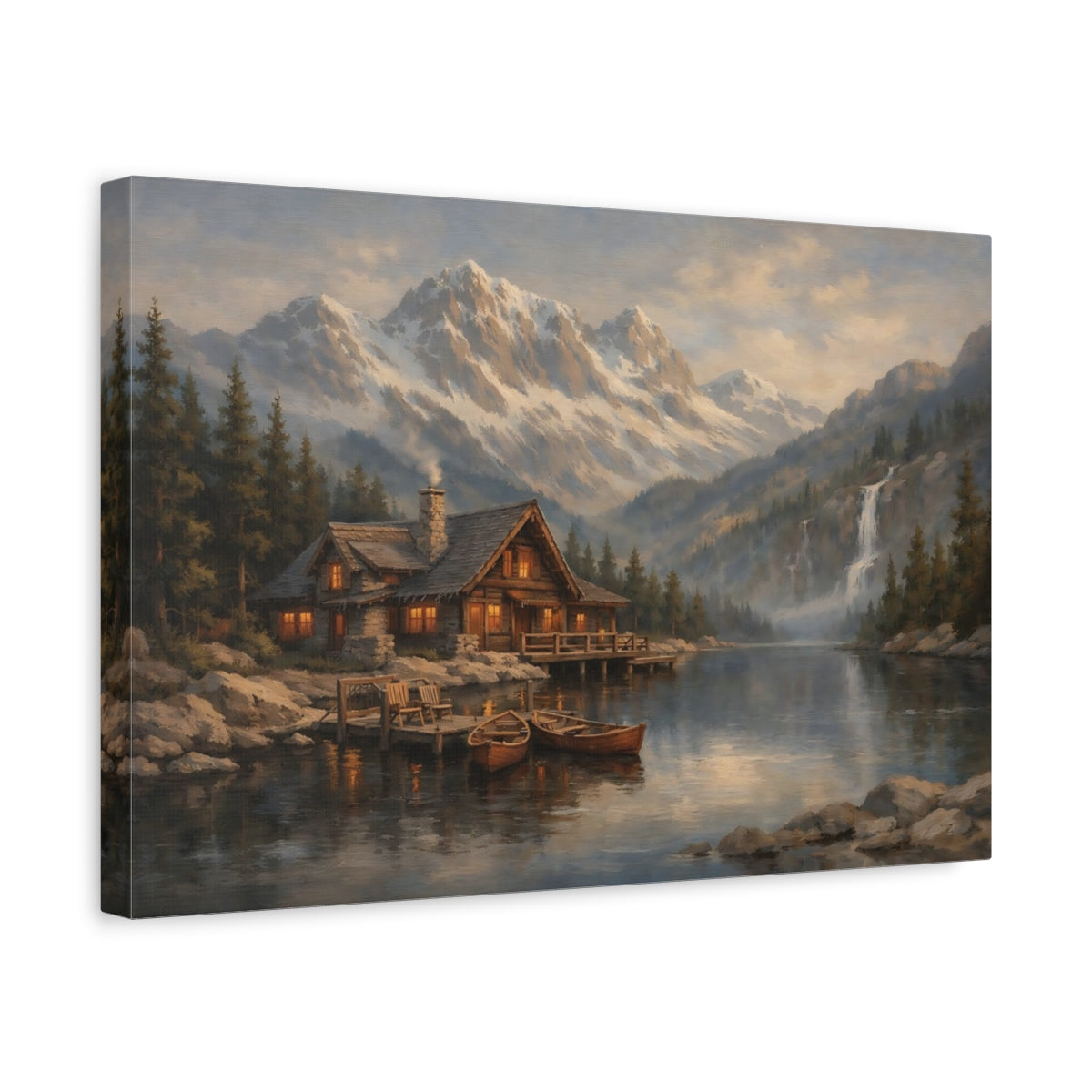 Side Mockup 4. Nature Mountain Cabin Mountain Lake Cabin shown as stretched canvas wall art