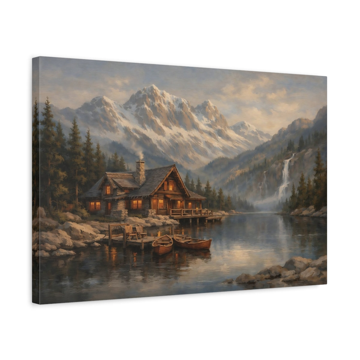Side Mockup 3. Nature Mountain Cabin Mountain Lake Cabin shown as stretched canvas wall art