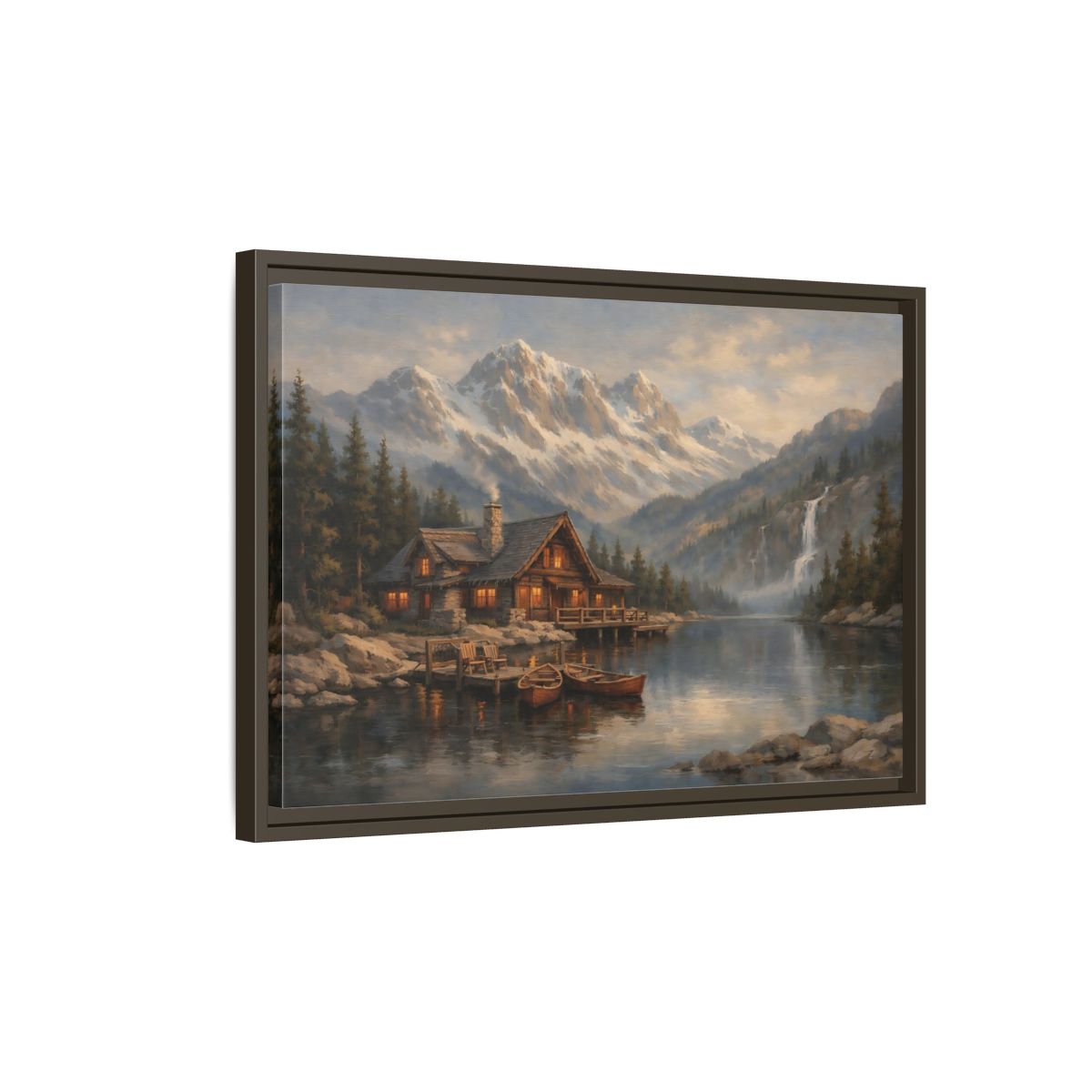Side Mockup 2. Nature Mountain Cabin Mountain Lake Cabin shown as stretched canvas wall art