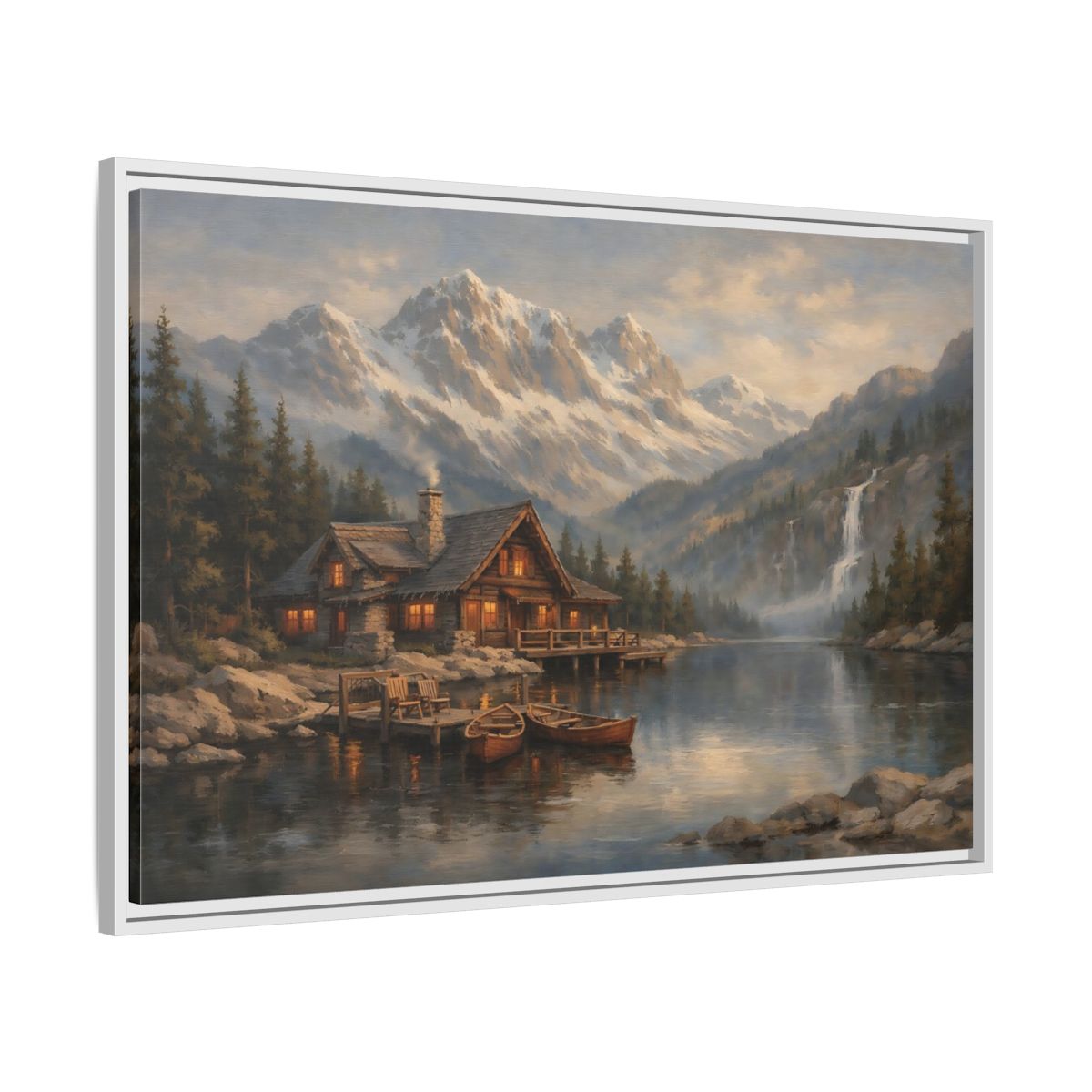 Side Mockup 8. Nature Mountain Cabin Mountain Lake Cabin shown as stretched canvas wall art