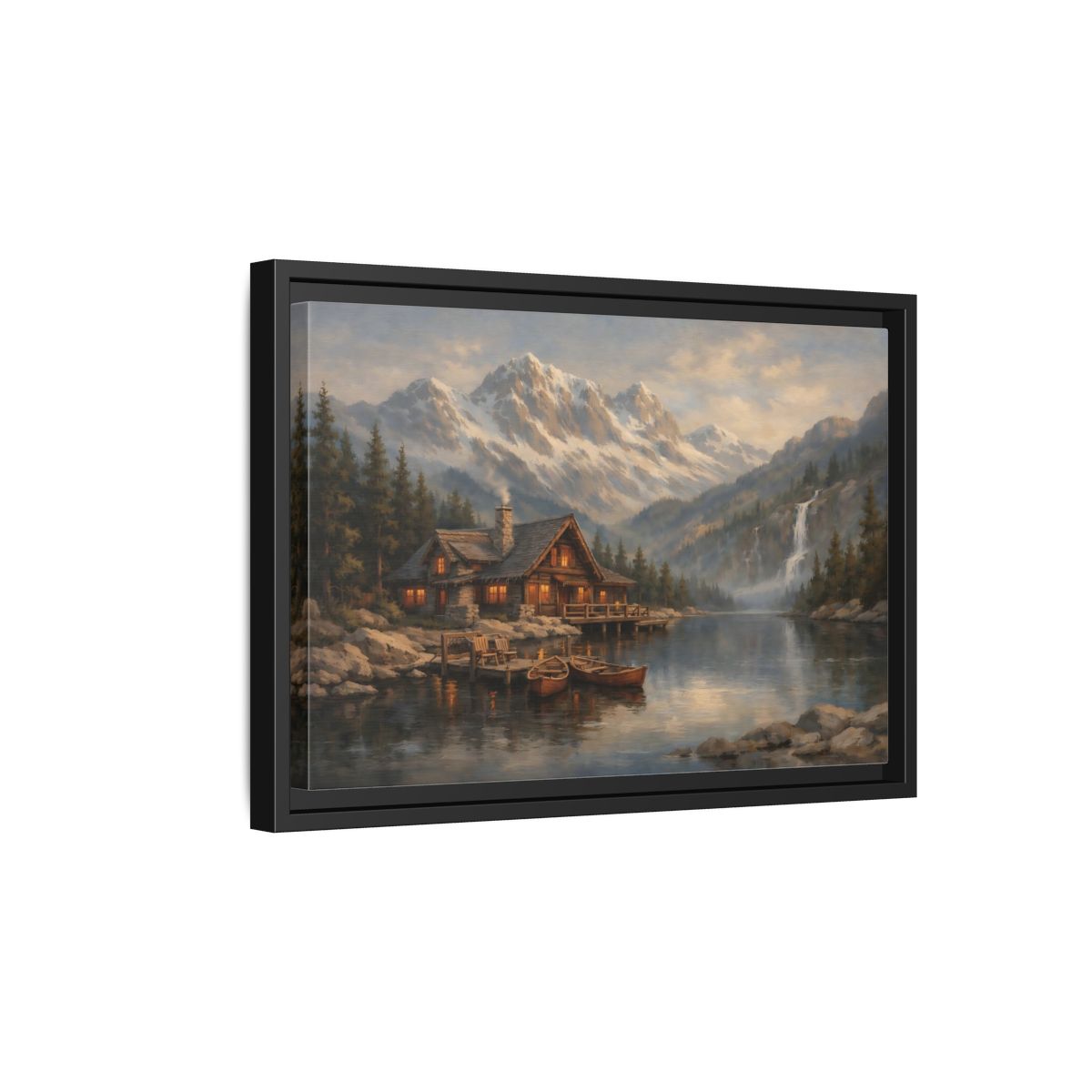 Side Mockup 6. Nature Mountain Cabin Mountain Lake Cabin shown as stretched canvas wall art