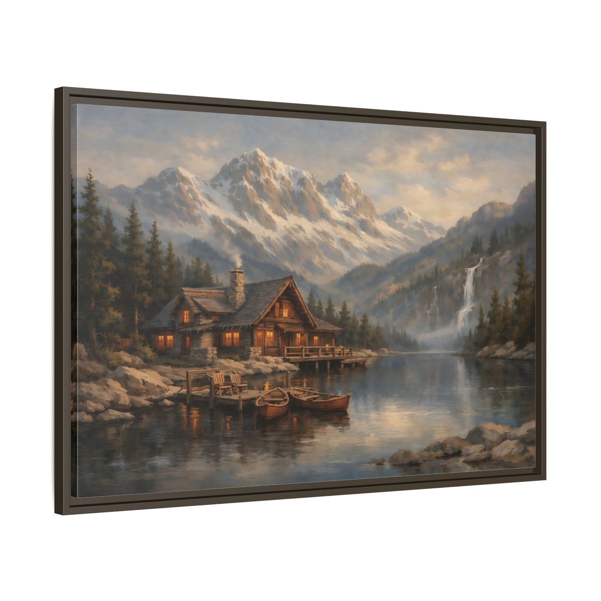 Side Mockup 9. Nature Mountain Cabin Mountain Lake Cabin shown as stretched canvas wall art