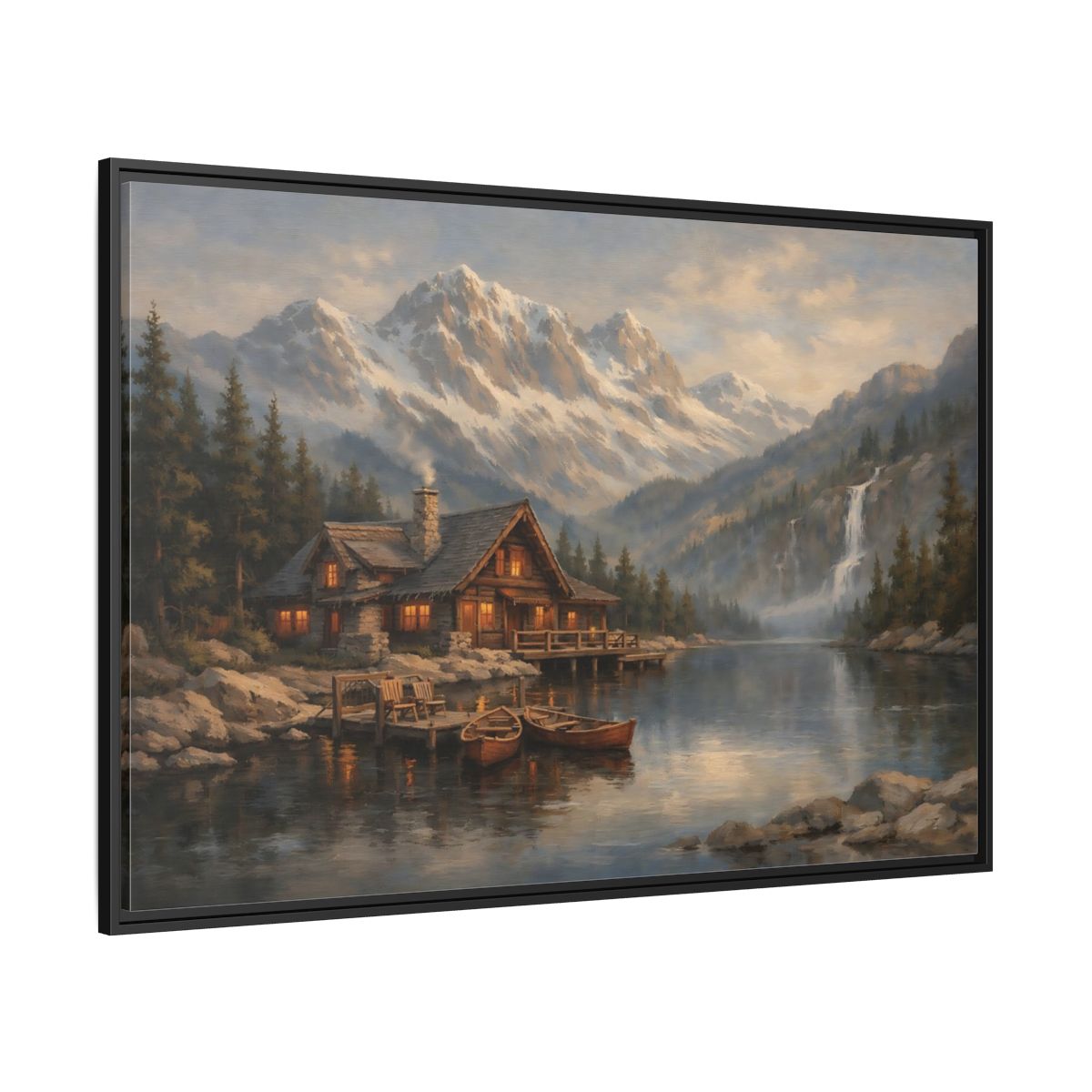 Side Mockup 12. Nature Mountain Cabin Mountain Lake Cabin shown as stretched canvas wall art