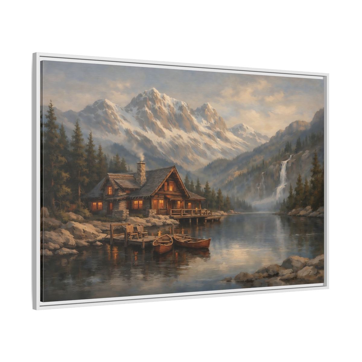 Side Mockup 7. Nature Mountain Cabin Mountain Lake Cabin shown as stretched canvas wall art