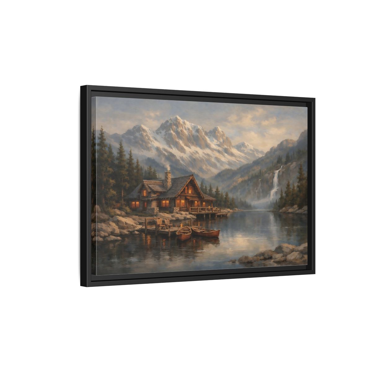 Side Mockup 3. Nature Mountain Cabin Mountain Lake Cabin shown as stretched canvas wall art