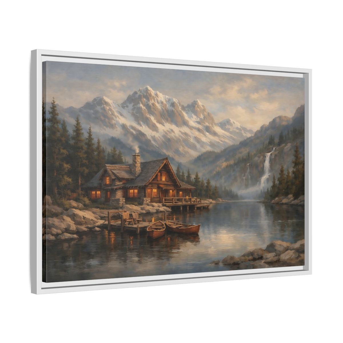 Side Mockup 10. Nature Mountain Cabin Mountain Lake Cabin shown as stretched canvas wall art