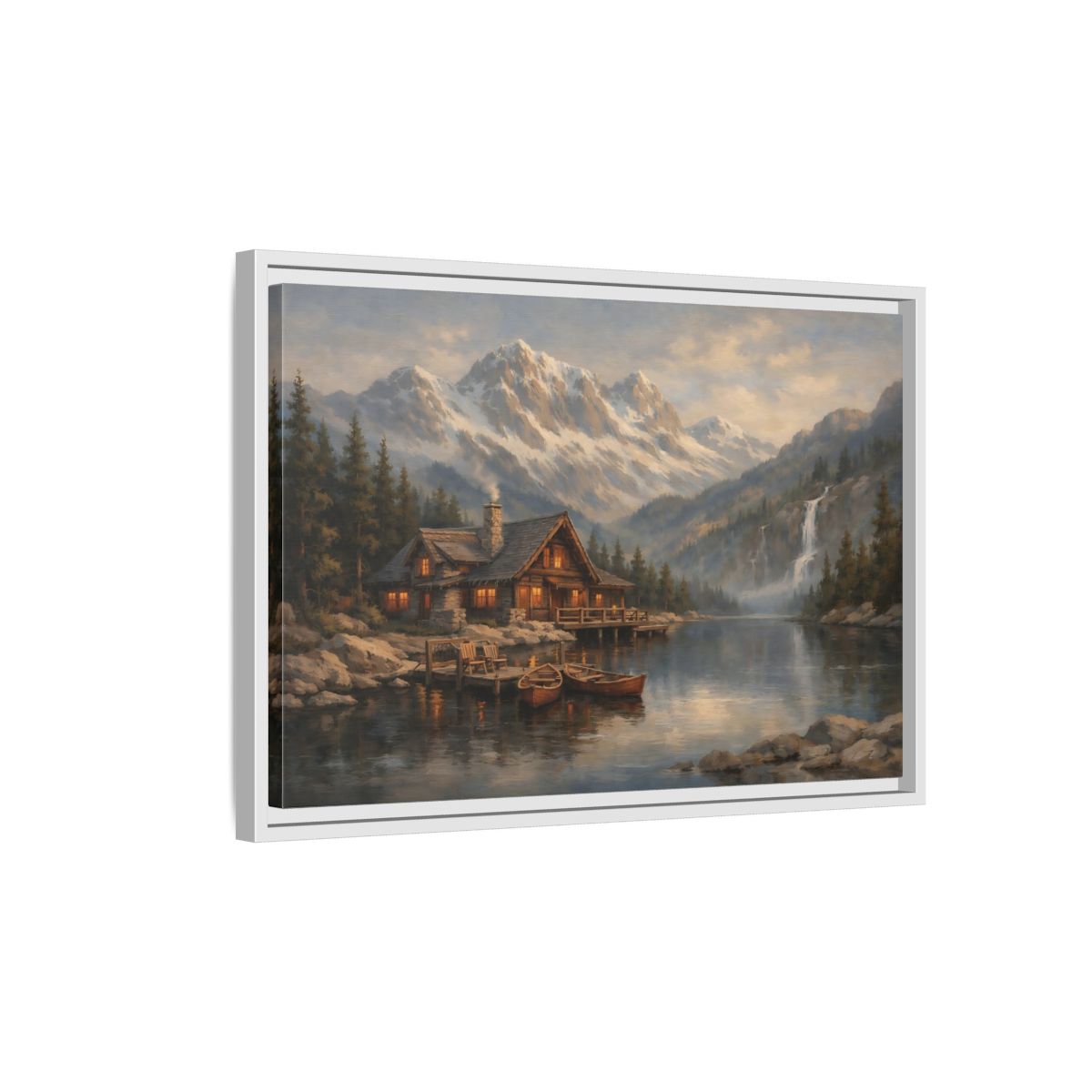 Side Mockup 1. Nature Mountain Cabin Mountain Lake Cabin shown as stretched canvas wall art