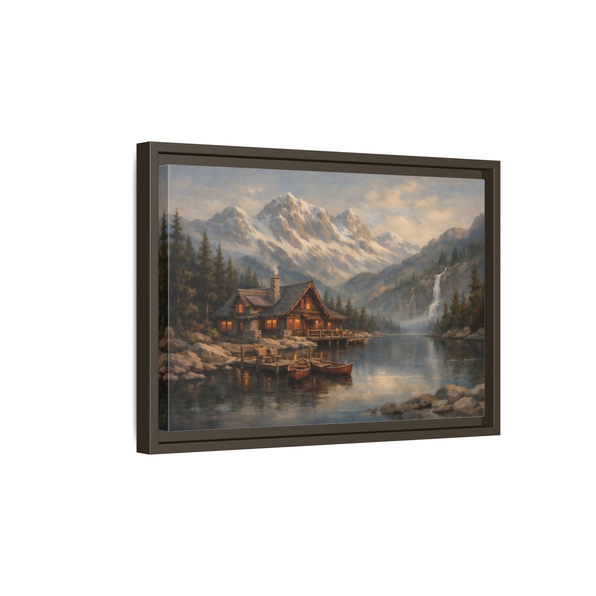 Side Mockup 5. Nature Mountain Cabin Mountain Lake Cabin shown as stretched canvas wall art