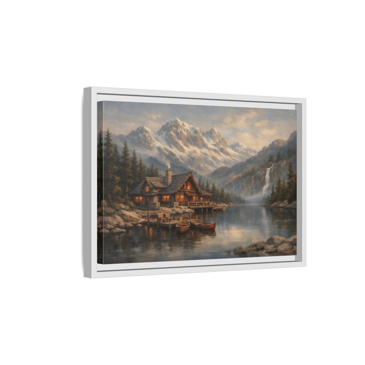 Side Mockup 4. Nature Mountain Cabin Mountain Lake Cabin shown as stretched canvas wall art