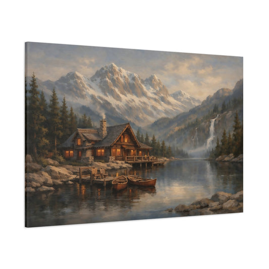 Main Mockup. Nature Mountain Cabin Mountain Lake Cabin shown as stretched canvas wall art