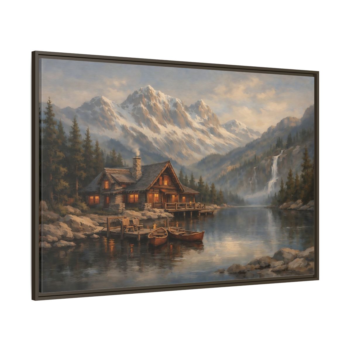 Main Mockup. Nature Mountain Cabin Mountain Lake Cabin shown as stretched canvas wall art