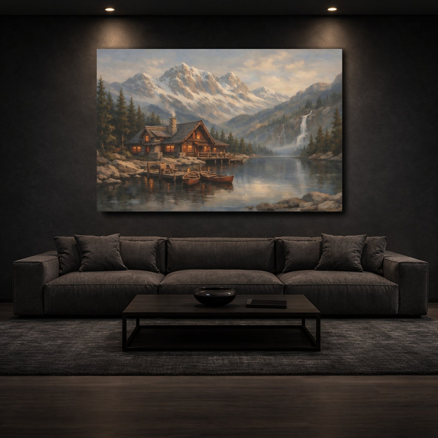 Mockup 2. Nature Mountain Cabin Mountain Lake Cabin shown as stretched canvas wall art