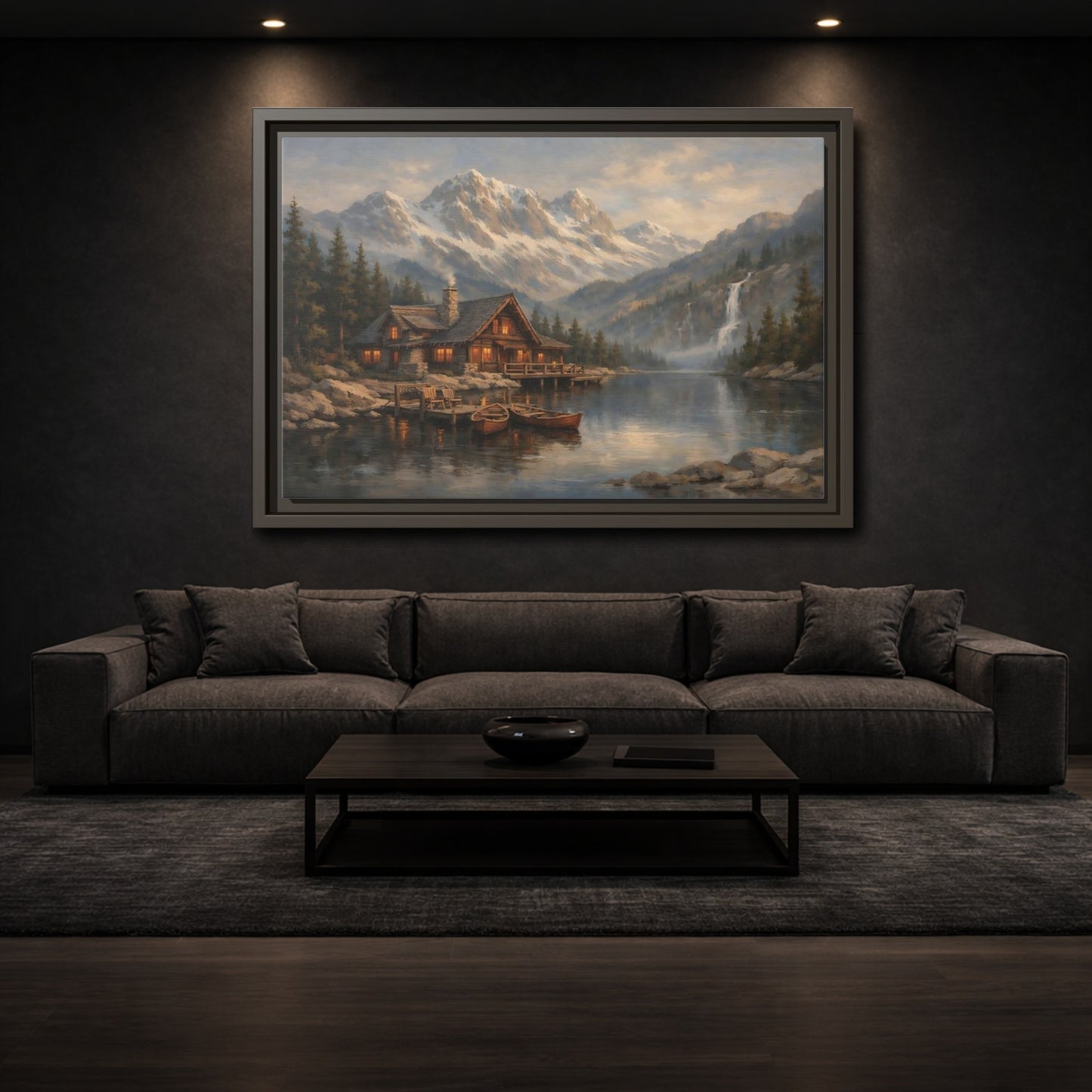 Mockup 2. Nature Mountain Cabin Mountain Lake Cabin shown as stretched canvas wall art