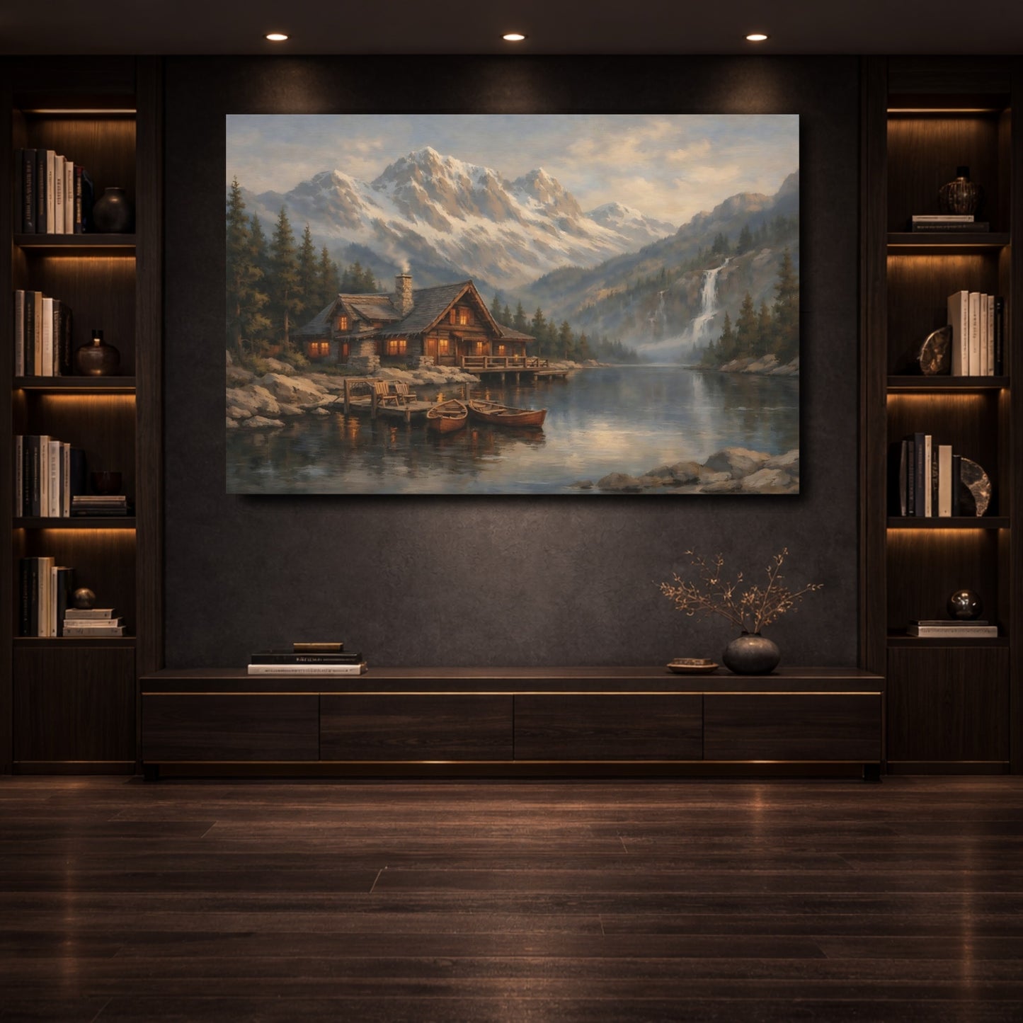 Mockup 3. Nature Mountain Cabin Mountain Lake Cabin shown as stretched canvas wall art
