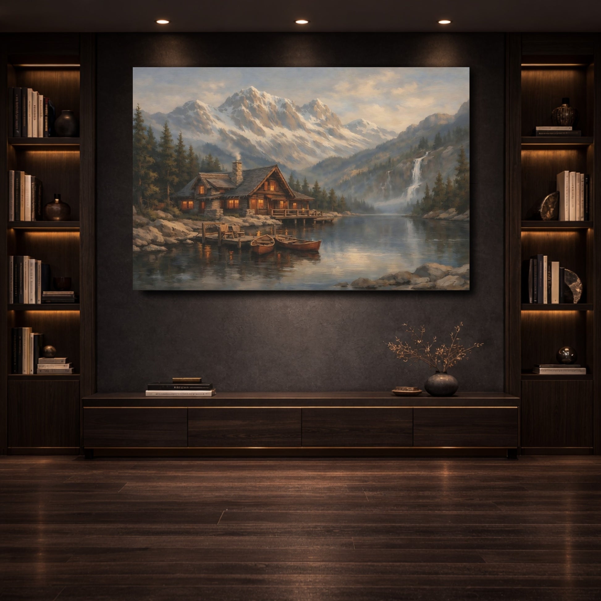 Mockup 3. Nature Mountain Cabin Mountain Lake Cabin shown as stretched canvas wall art