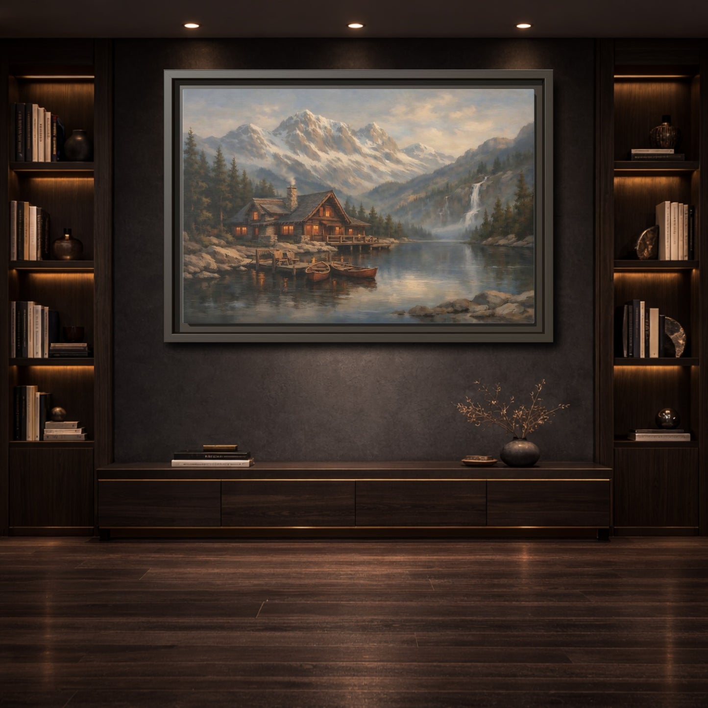 Mockup 3. Nature Mountain Cabin Mountain Lake Cabin shown as stretched canvas wall art