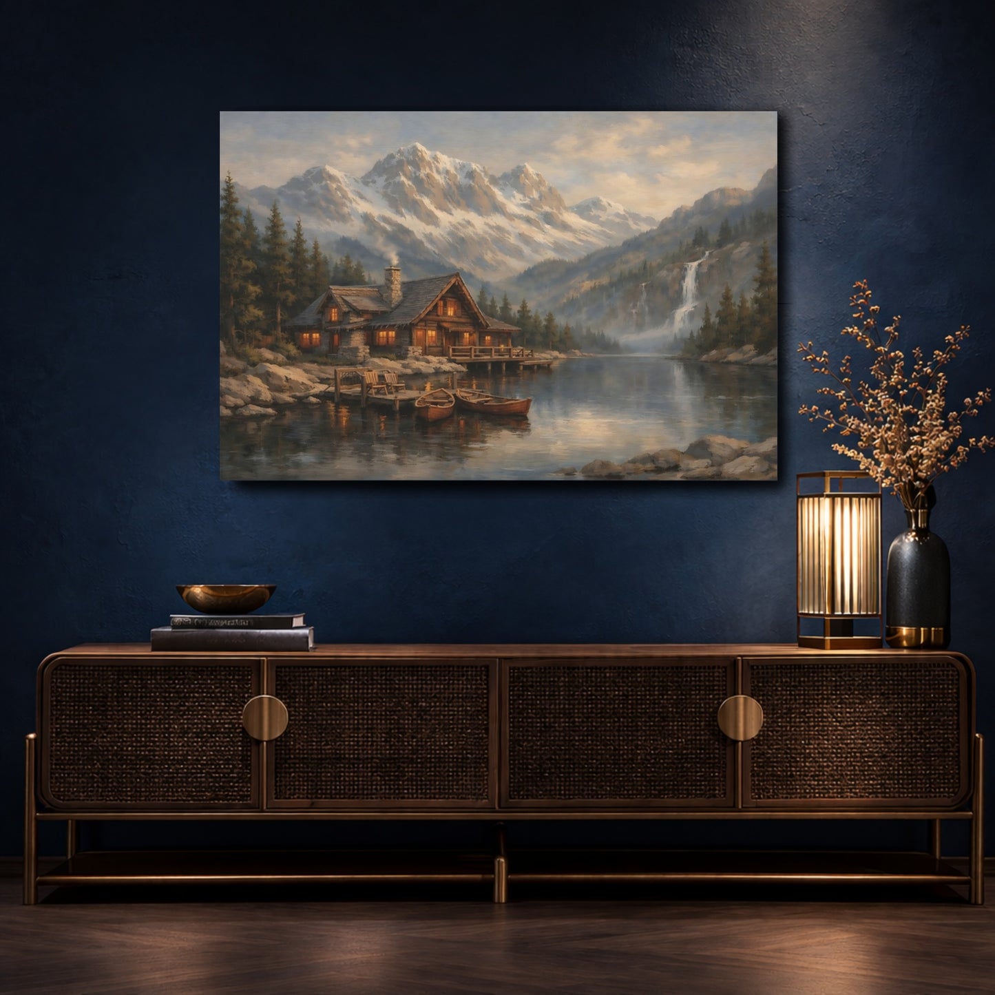 Mockup 4. Nature Mountain Cabin Mountain Lake Cabin shown as stretched canvas wall art