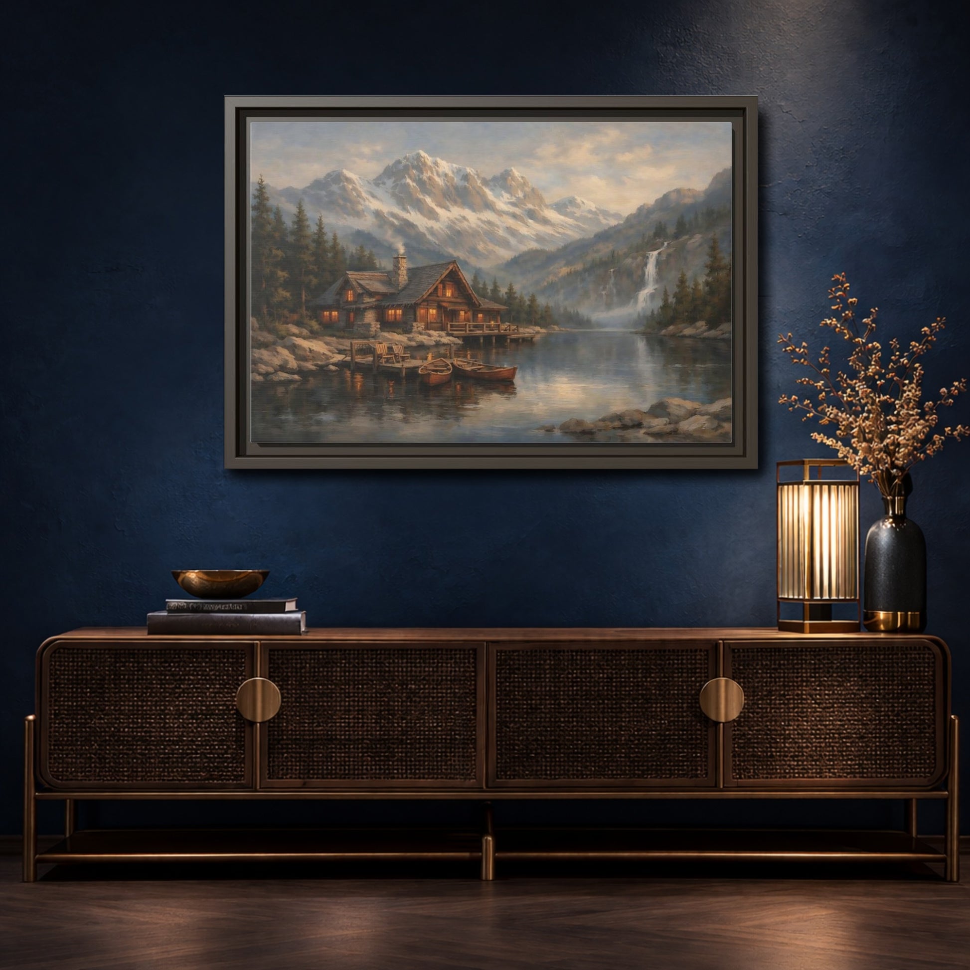 Mockup 4. Nature Mountain Cabin Mountain Lake Cabin shown as stretched canvas wall art
