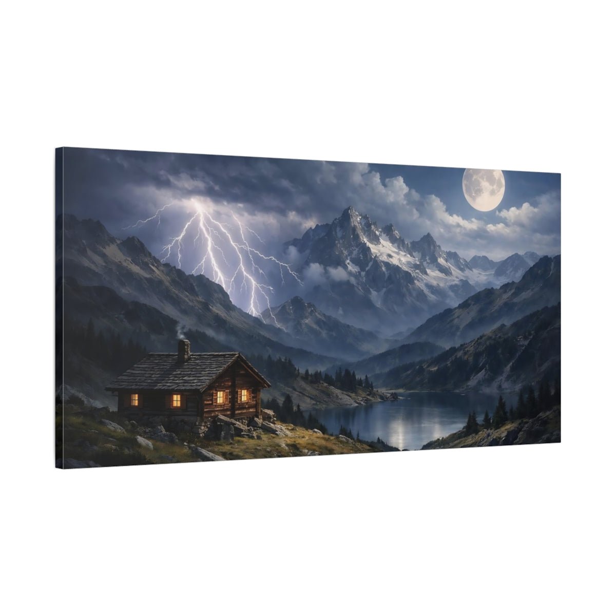 Nature Mountain Cabin Night Scene - Canvas Wall Art Print - YesArtYes