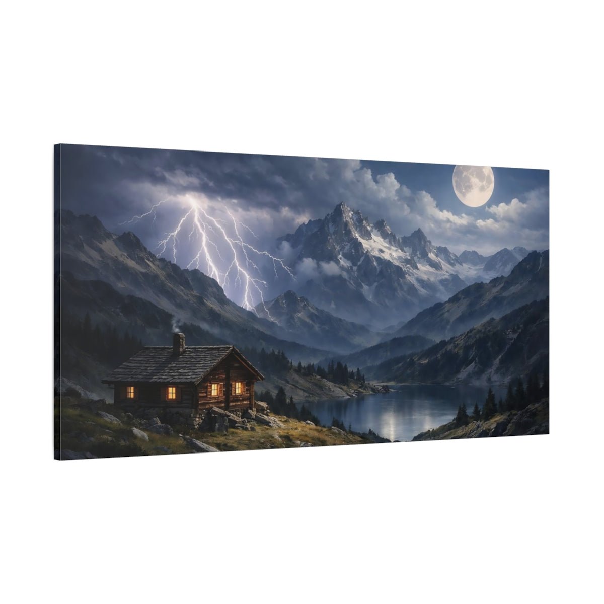 Nature Mountain Cabin Night Scene - Canvas Wall Art Print - YesArtYes