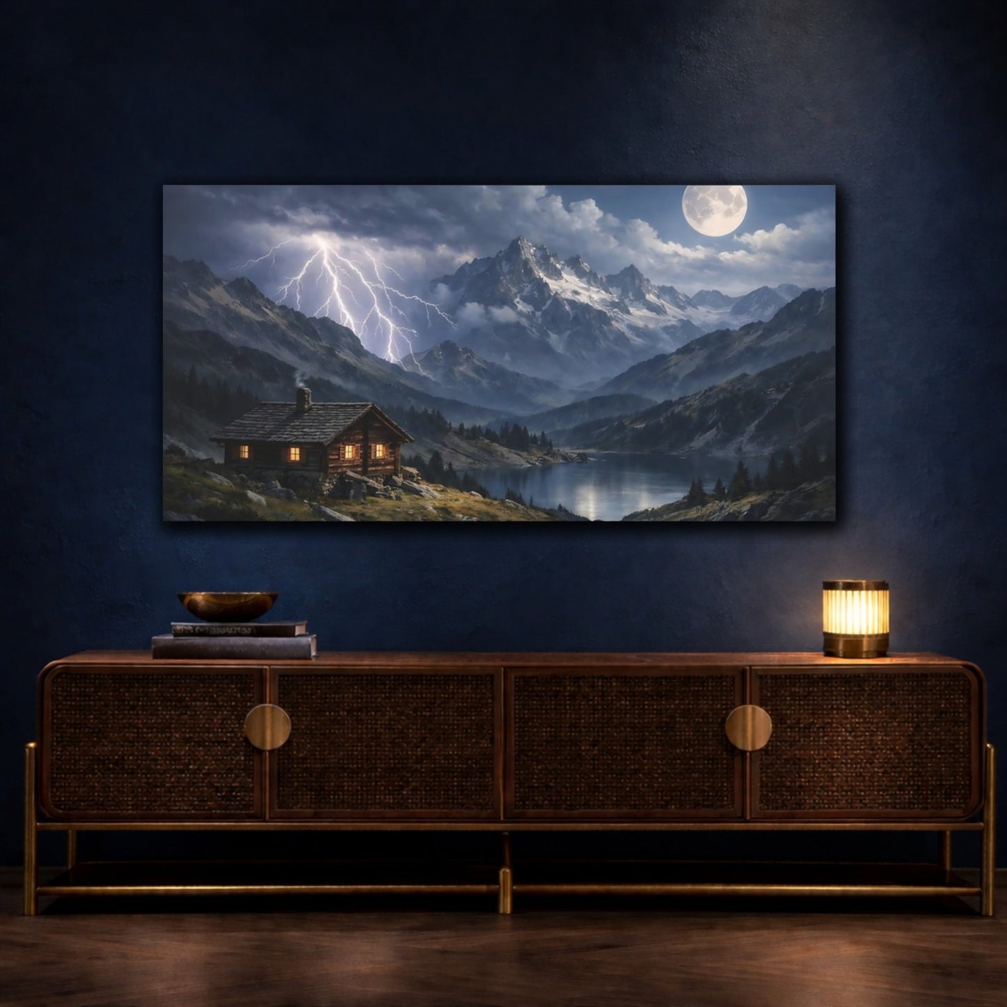 Nature Mountain Cabin Night Scene - Canvas Wall Art Print - YesArtYes