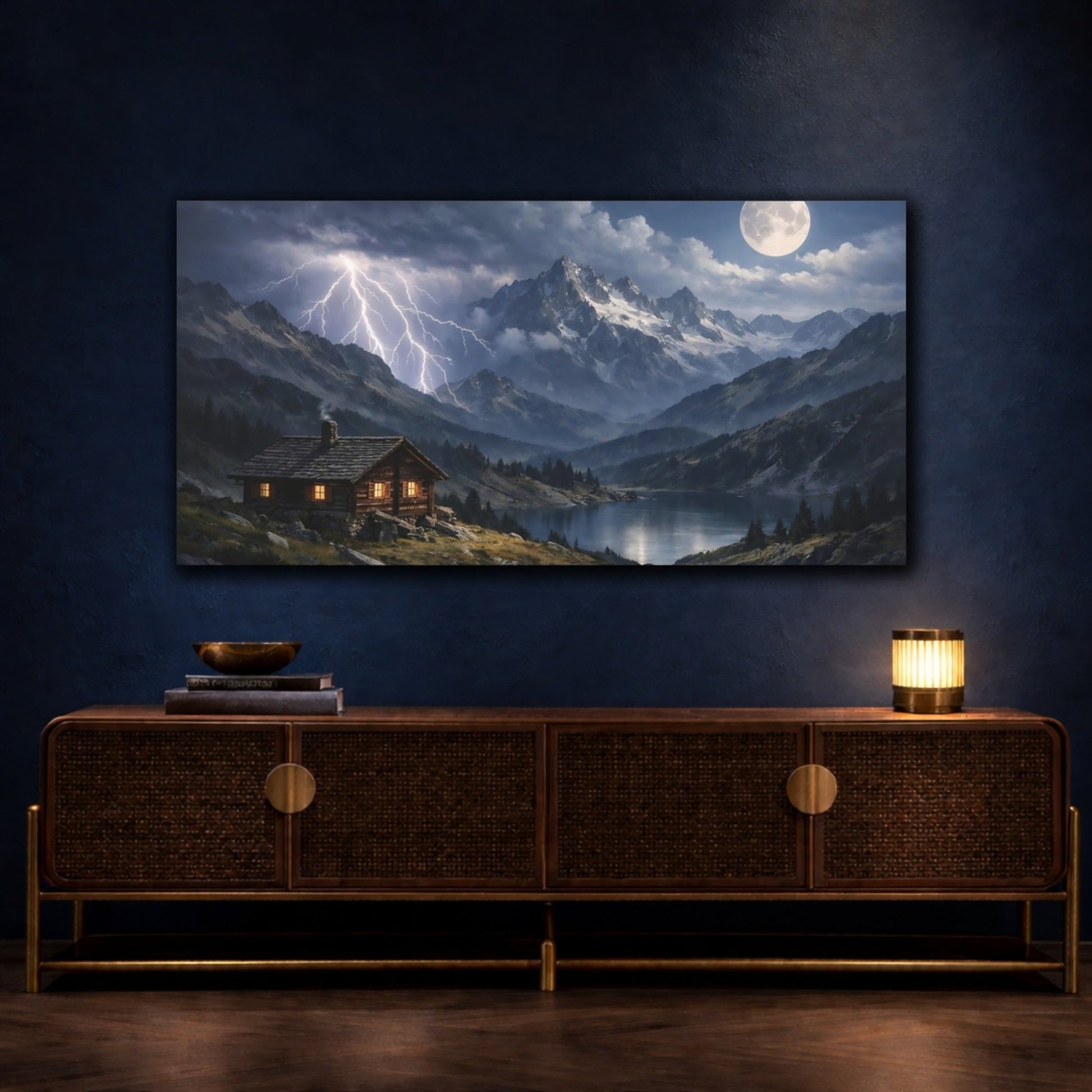 Nature Mountain Cabin Night Scene - Canvas Wall Art Print - YesArtYes