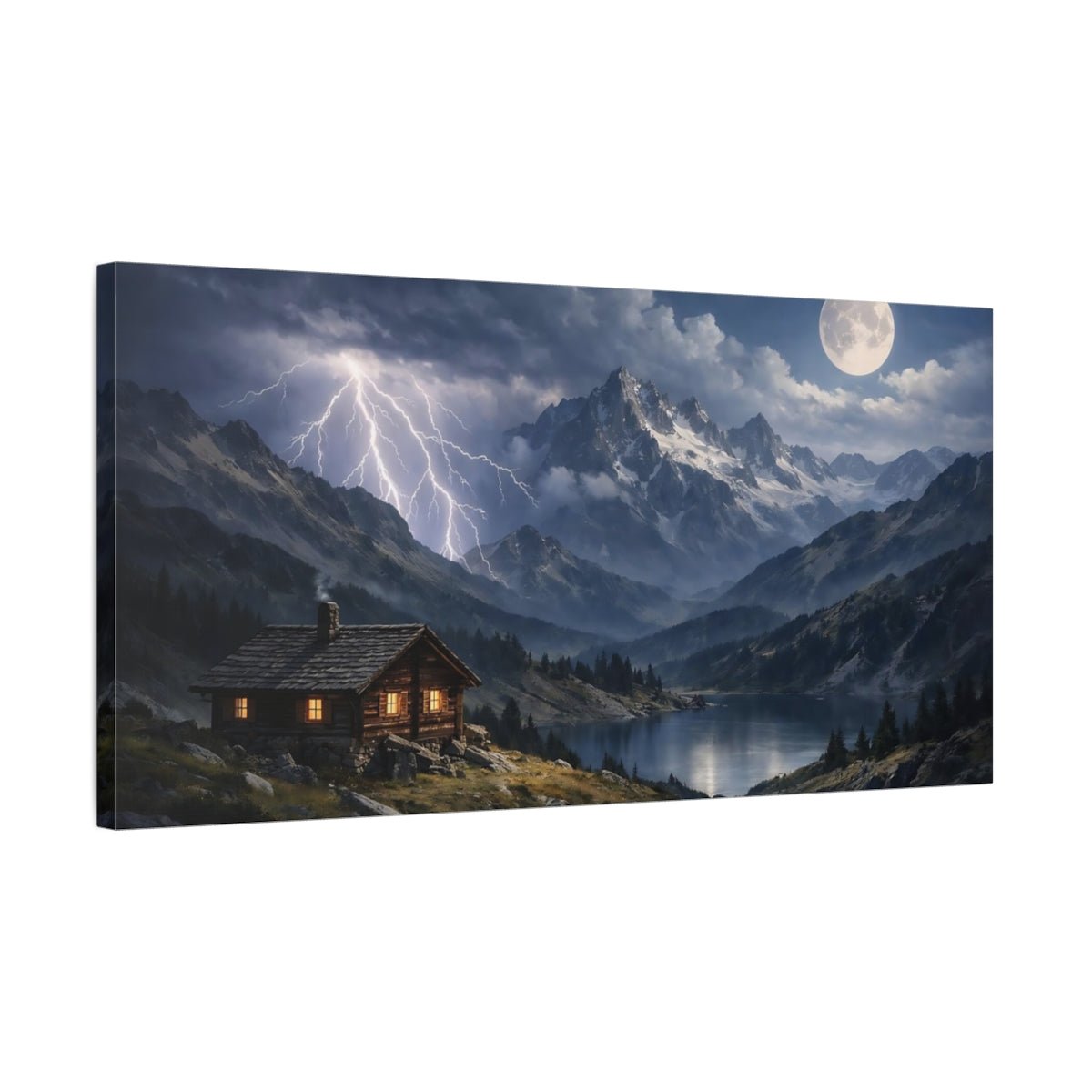 Nature Mountain Cabin Night Scene - Canvas Wall Art Print - YesArtYes