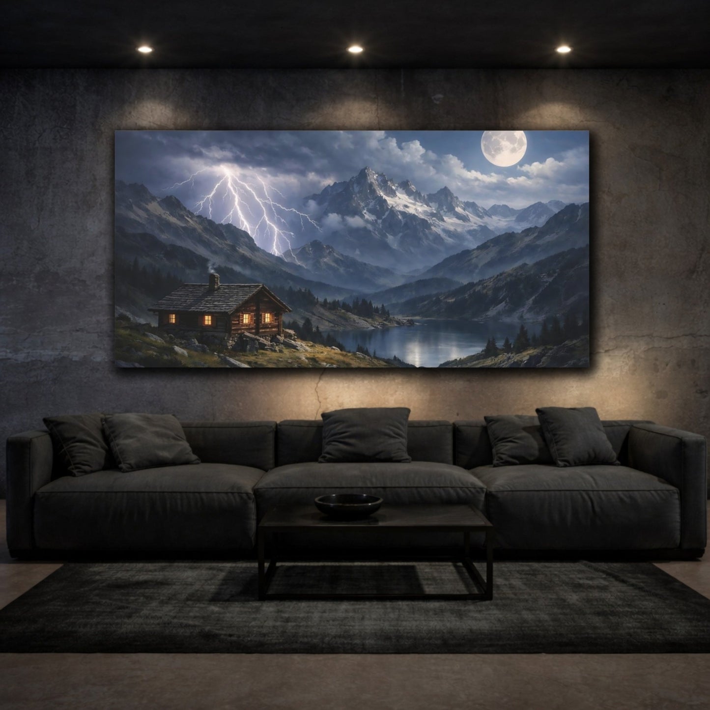 Nature Mountain Cabin Night Scene - Canvas Wall Art Print - YesArtYes
