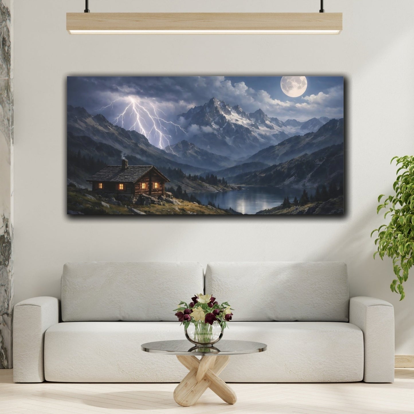 Nature Mountain Cabin Night Scene - Canvas Wall Art Print - YesArtYes