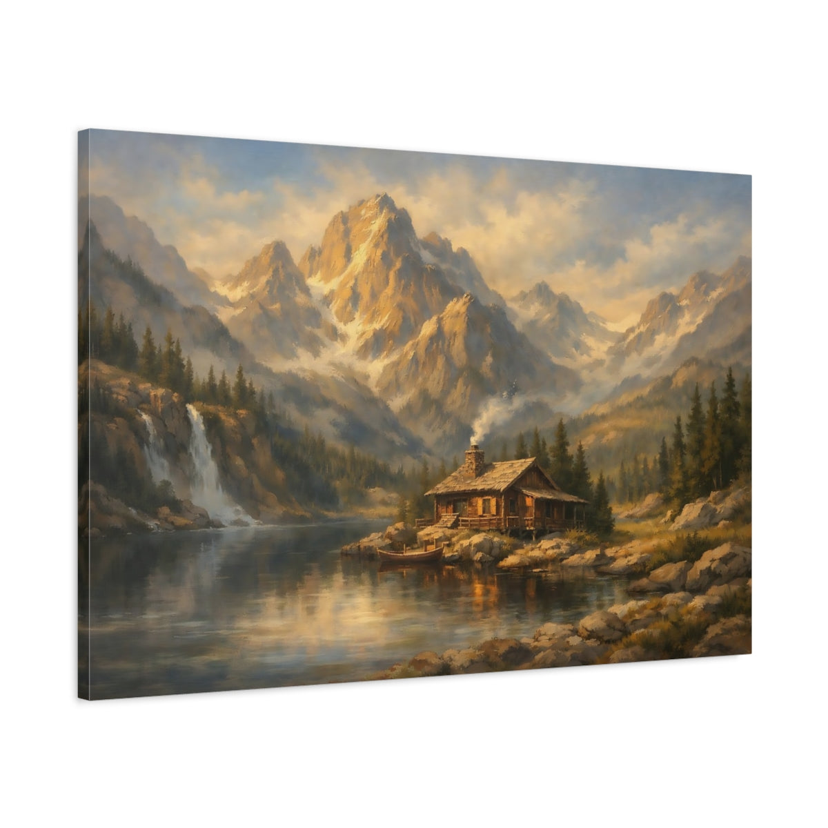 Side Mockup 1. Nature Mountain Cabin Rustic Mountain Landscape shown as stretched canvas wall art
