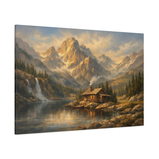 Main Mockup. Nature Mountain Cabin Rustic Mountain Landscape shown as stretched canvas wall art