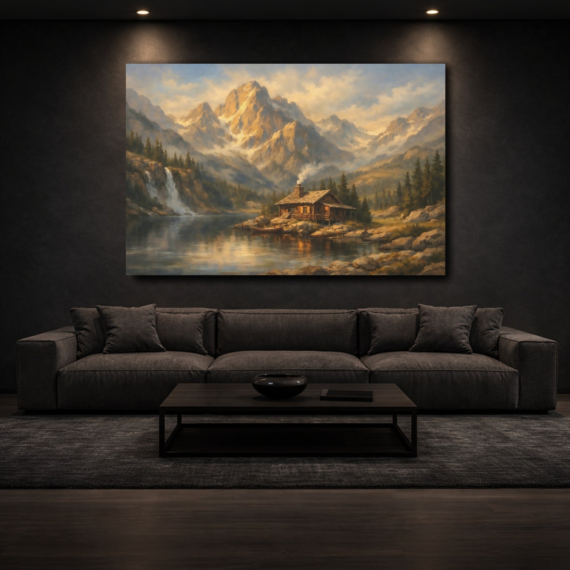 Mockup 2. Nature Mountain Cabin Rustic Mountain Landscape shown as stretched canvas wall art