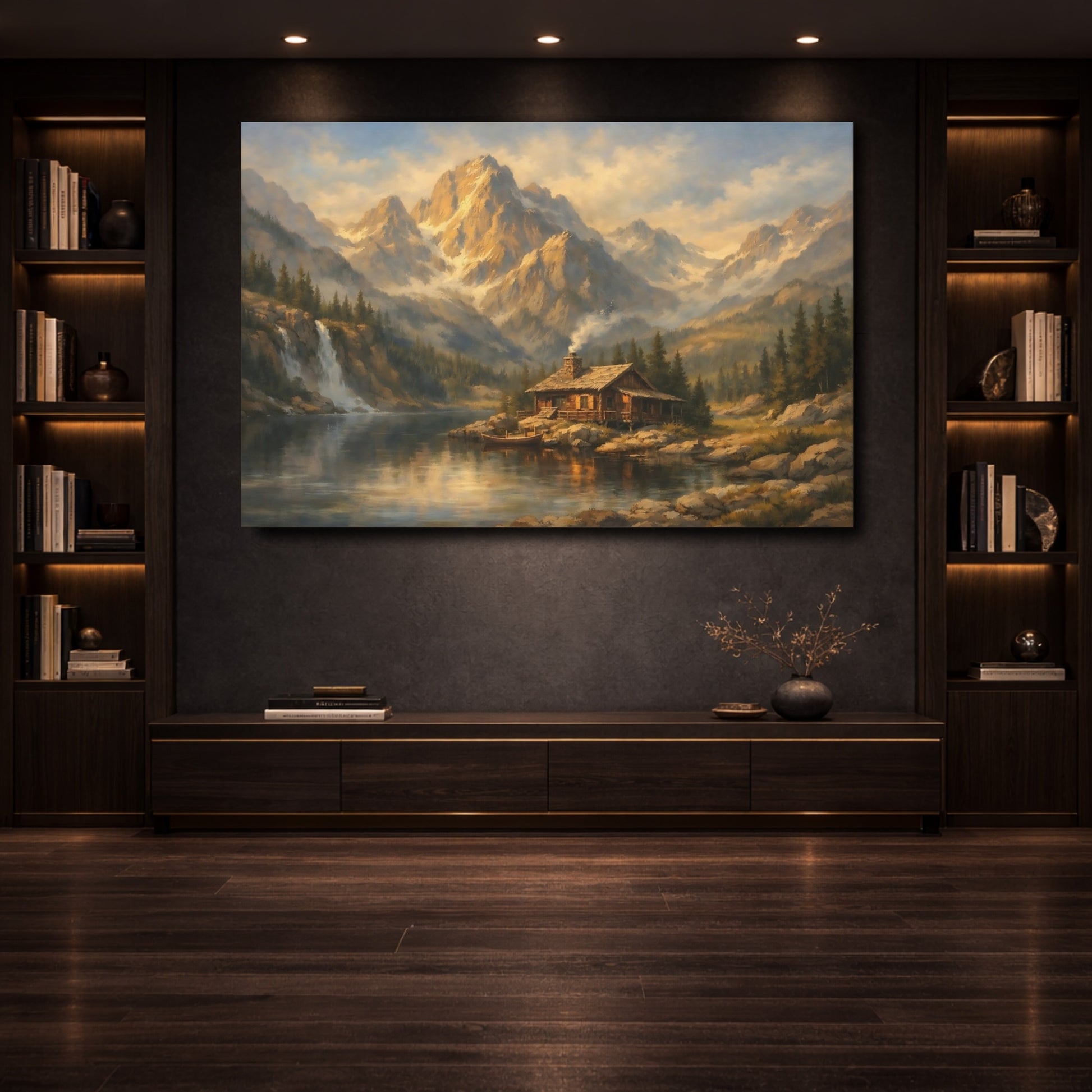 Mockup 3. Nature Mountain Cabin Rustic Mountain Landscape shown as stretched canvas wall art