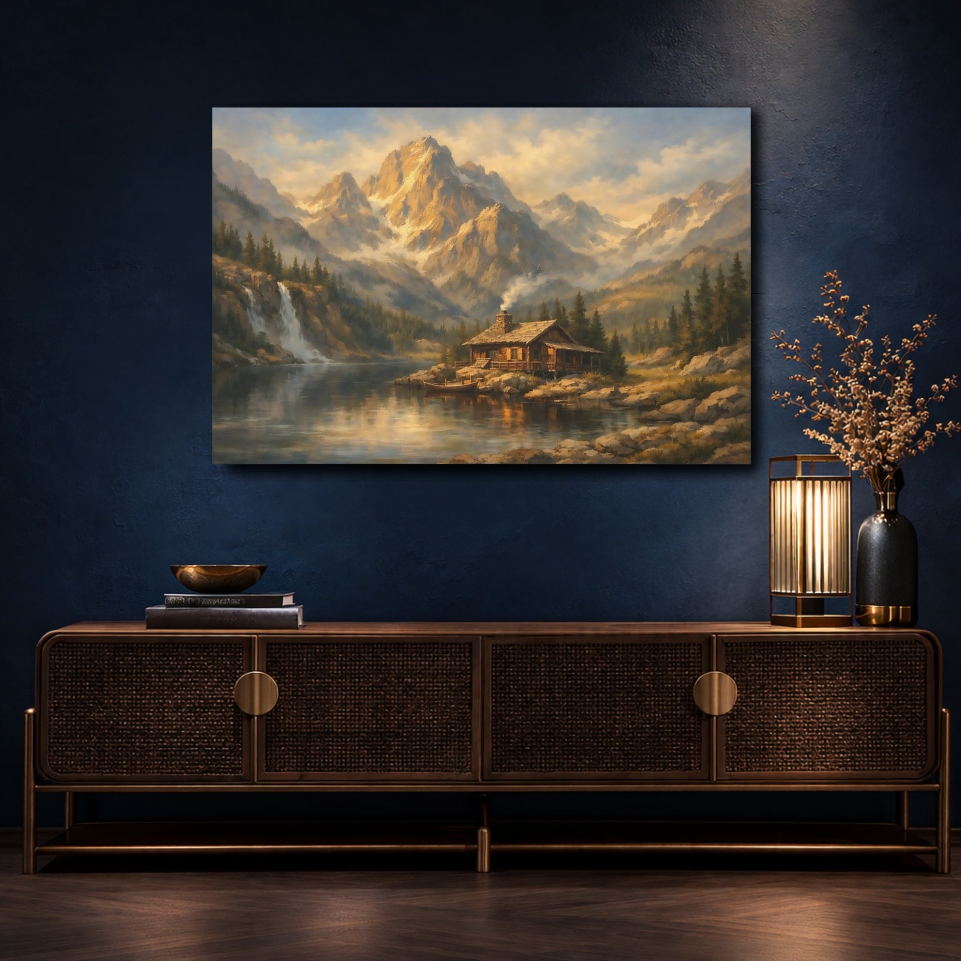 Mockup 4. Nature Mountain Cabin Rustic Mountain Landscape shown as stretched canvas wall art