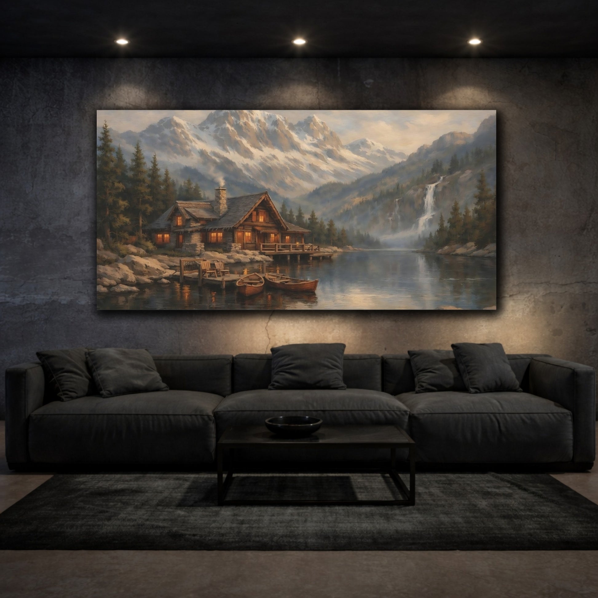 Mockup 2. Nature Mountain Cabin Rustic Mountain Scene shown as stretched canvas wall art