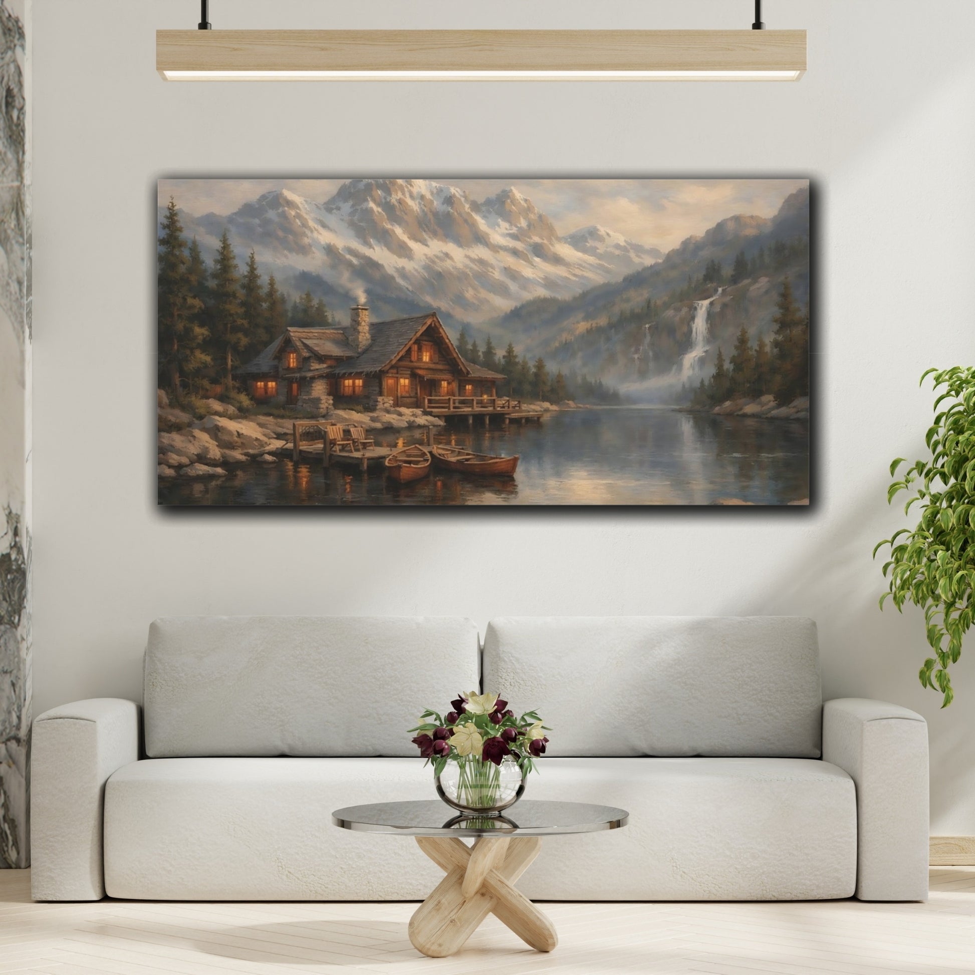 Mockup 3. Nature Mountain Cabin Rustic Mountain Scene shown as stretched canvas wall art