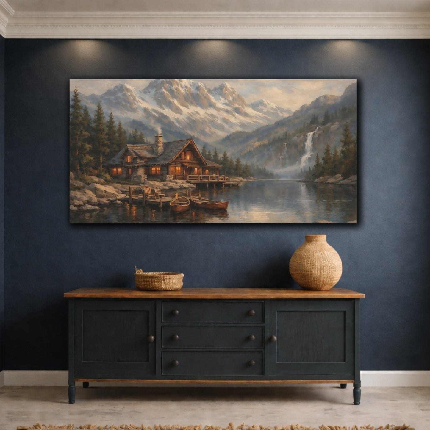 Mockup 4. Nature Mountain Cabin Rustic Mountain Scene shown as stretched canvas wall art
