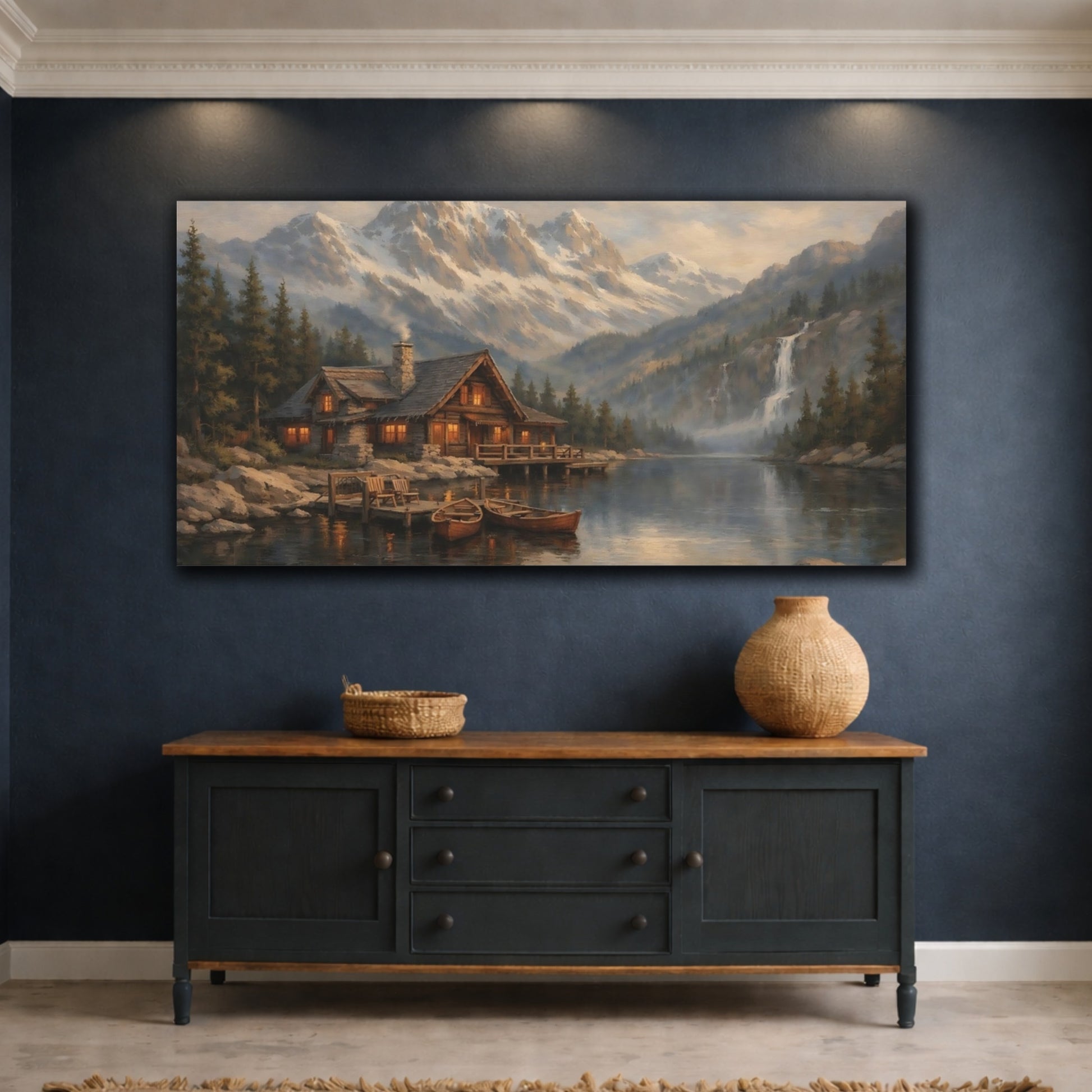 Mockup 4. Nature Mountain Cabin Rustic Mountain Scene shown as stretched canvas wall art