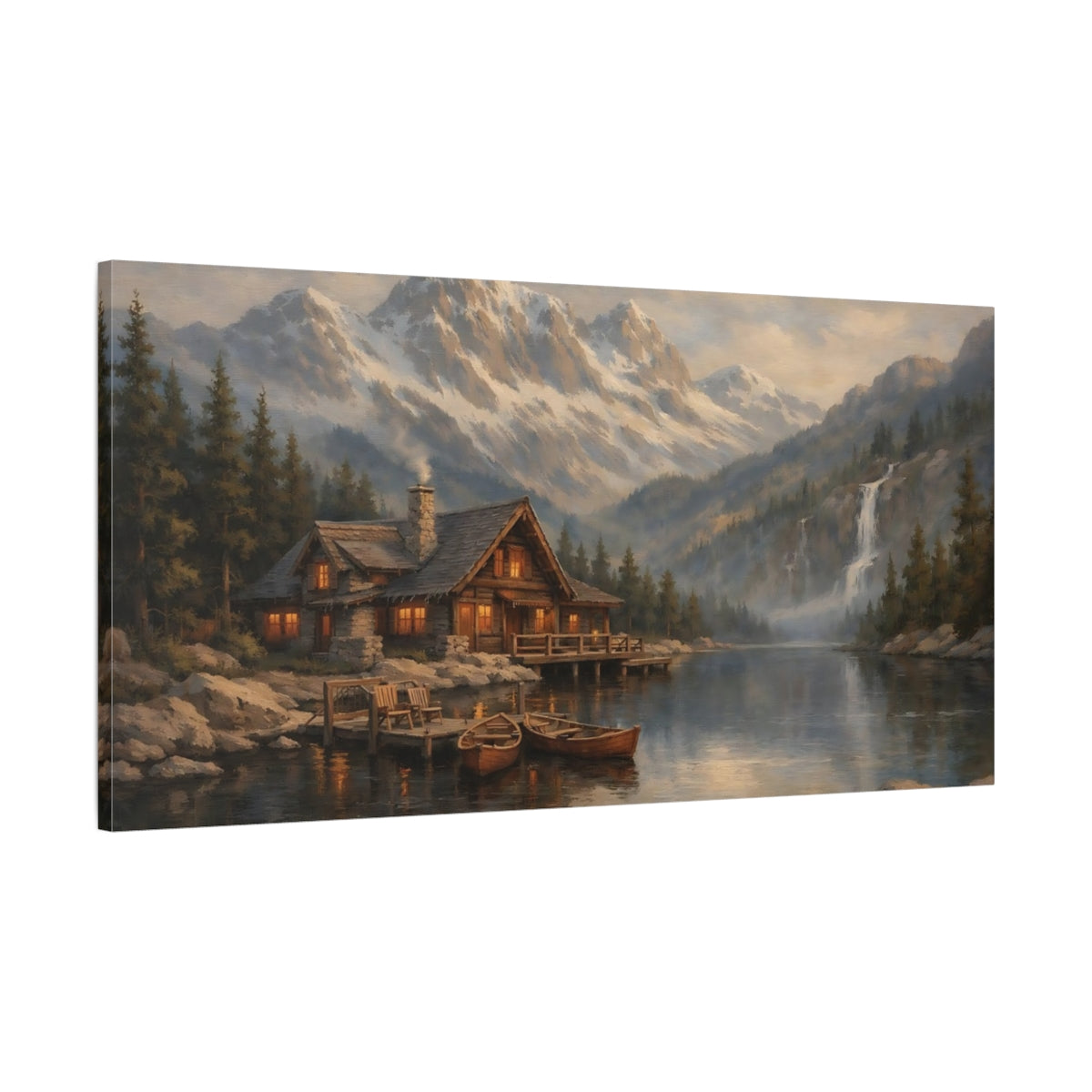 Side Mockup 1. Nature Mountain Cabin Rustic Mountain Scene shown as stretched canvas wall art