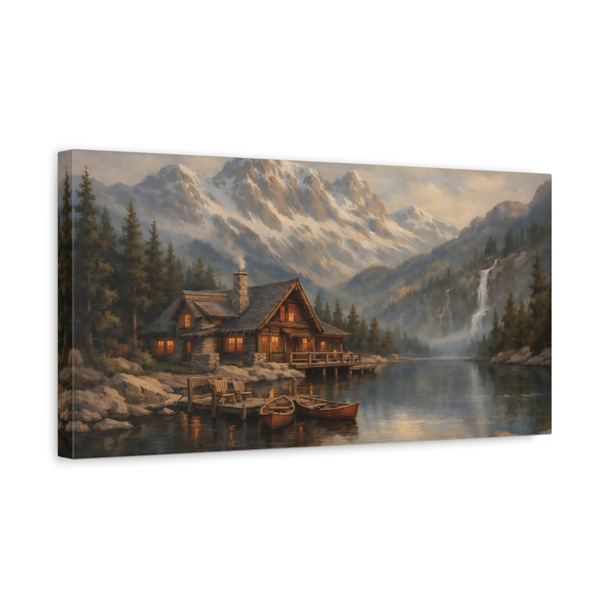 Side Mockup 3. Nature Mountain Cabin Rustic Mountain Scene shown as stretched canvas wall art