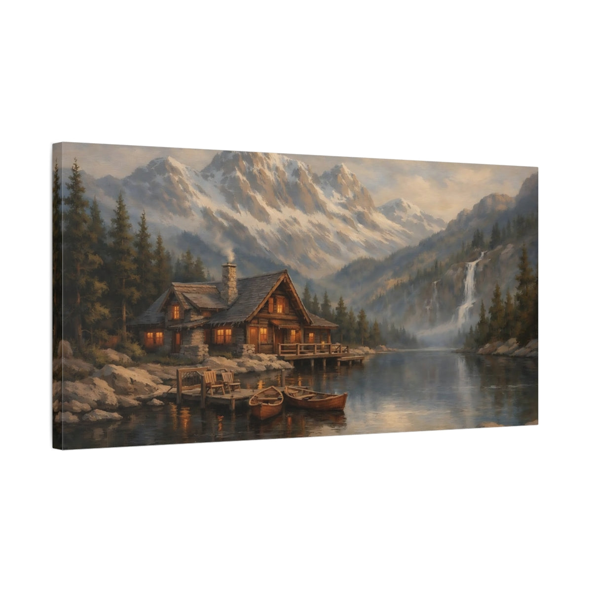 Side Mockup 2. Nature Mountain Cabin Rustic Mountain Scene shown as stretched canvas wall art