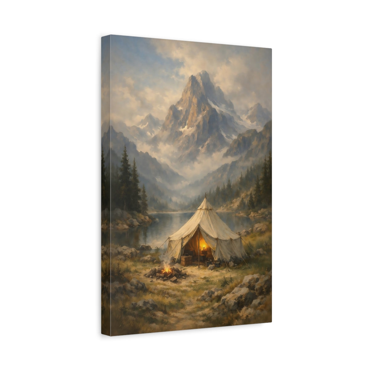 Side Mockup 4. Nature Mountain Camping Mountain Lake Camping shown as stretched canvas wall art