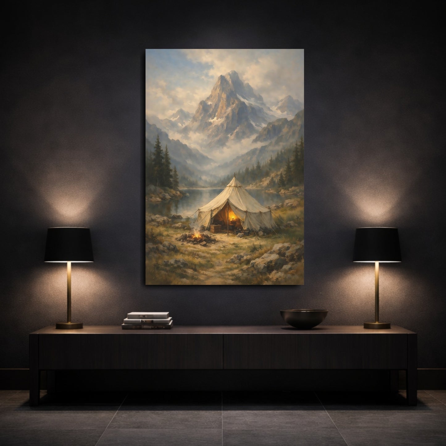 Mockup 2. Nature Mountain Camping Mountain Lake Camping shown as stretched canvas wall art