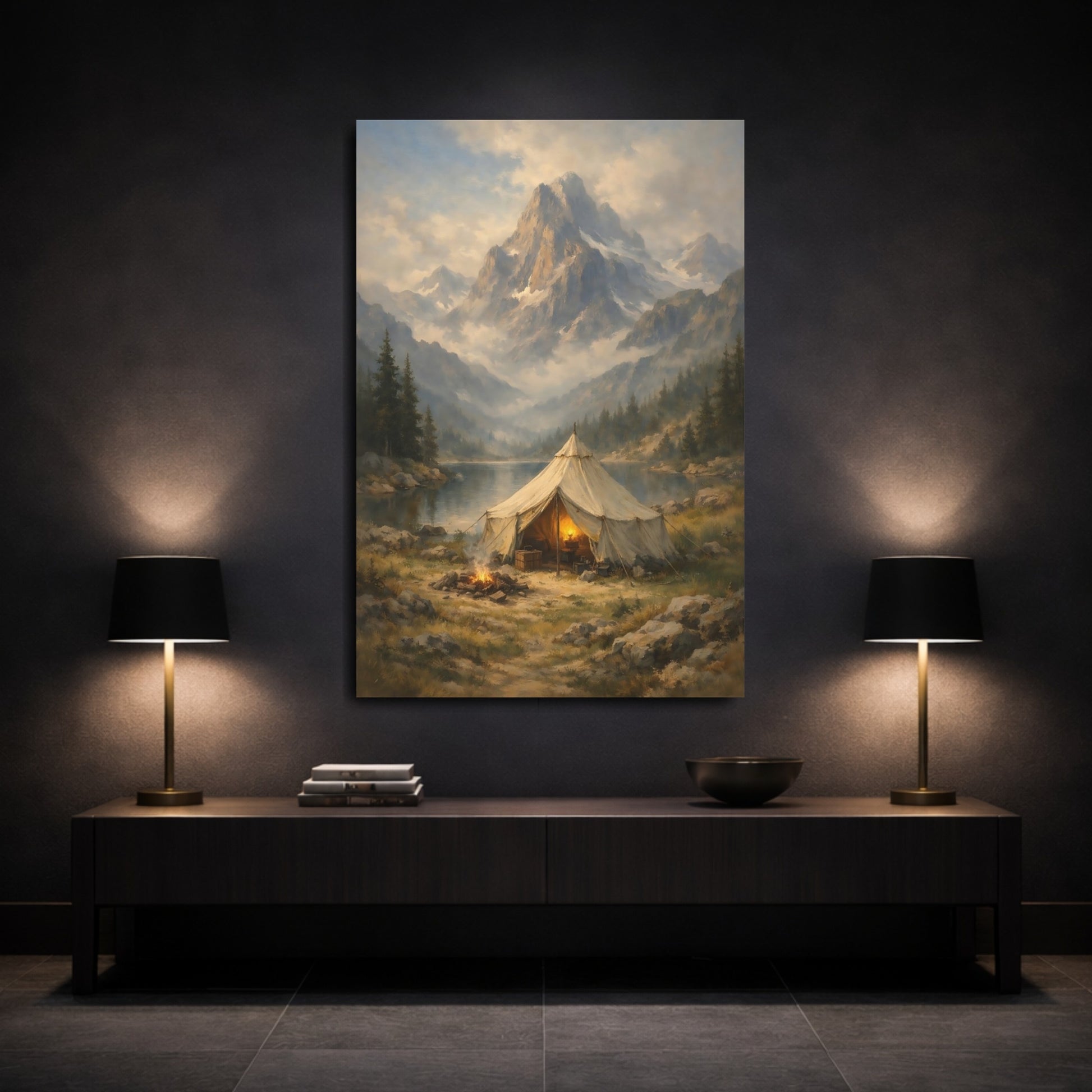 Mockup 2. Nature Mountain Camping Mountain Lake Camping shown as stretched canvas wall art